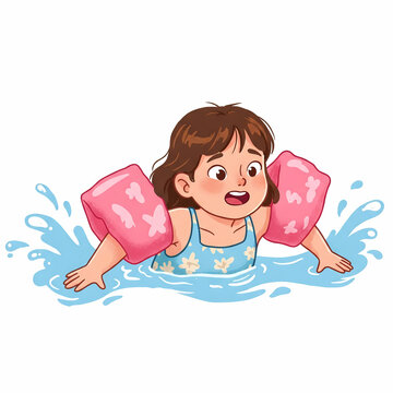 Little girl learning to swim with pink armbands summer vacation child safety vector illustration