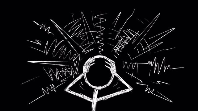 Overwhelmed stickman holding head in stress with chaotic lines explosion, boiling line art loop. Concept of mental health crisis, anxiety attack, and high pressure. Seamless looping animation