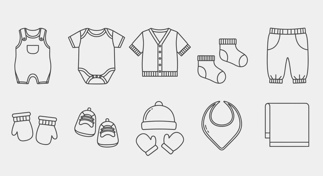 Set of baby clothing and accessories illustration with overalls socks and bibs