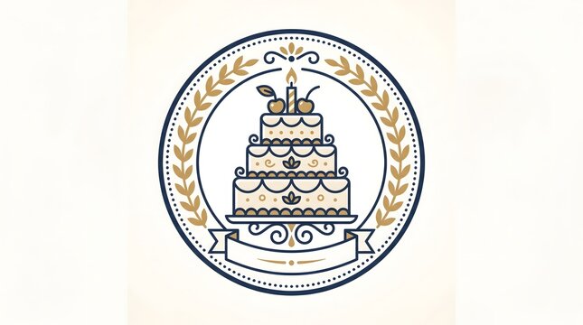 A vintage-style circular seal logo featuring a highly detailed, three-tiered birthday cake decorated with cream frosting, cherries, and a single burning candle on top