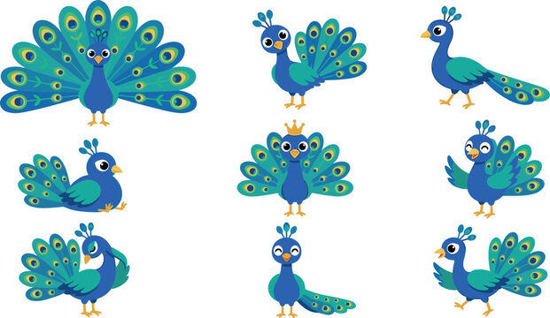 Cute peacock vector cartoon character set featuring funny blue peacocks displaying colorful feather train wearing crown and walking isolated on white background.