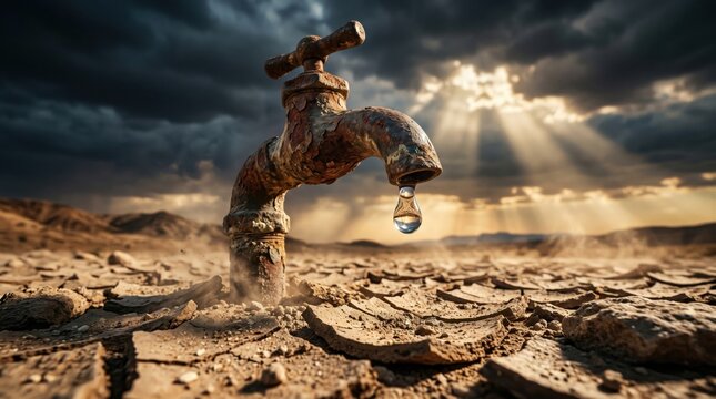 Rusty water tap with a single drop over cracked dry land under dramatic sunlight. Concept of drought, heatwave, water scarcity, climate change, extreme weather, and environmental crisis