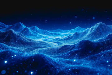 Naklejka premium A futuristic abstract landscape of digital mountains and valleys, filled with glowing blue particles against a dark sky backdrop.