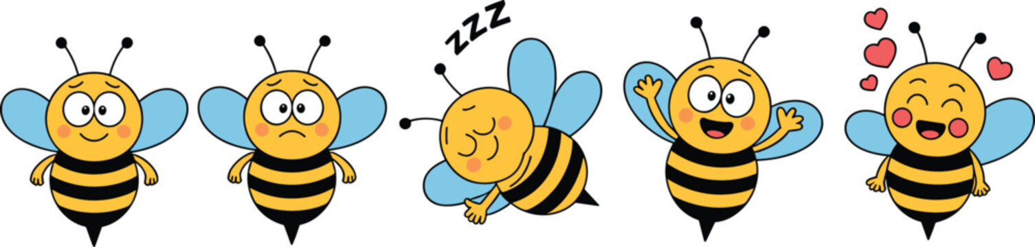 &ldquo;Cute cartoon bee vector illustration set with expressive emotions, smiling, sad, sleeping, joyful, and playful insect characters&rdquo;