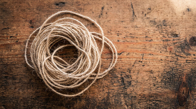 Coiled natural hemp twine on a rustic wooden background for craft and packaging