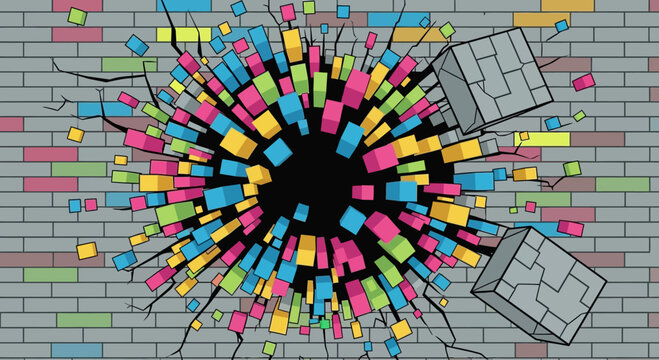 Explosion of Colorful Blocks Breaking Through Brick Wall
