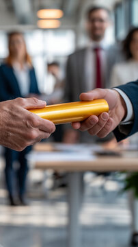 Passing the Baton: A symbolic handover of a golden baton between two business professionals, signifying transition, succession, and continued progress within an organization.