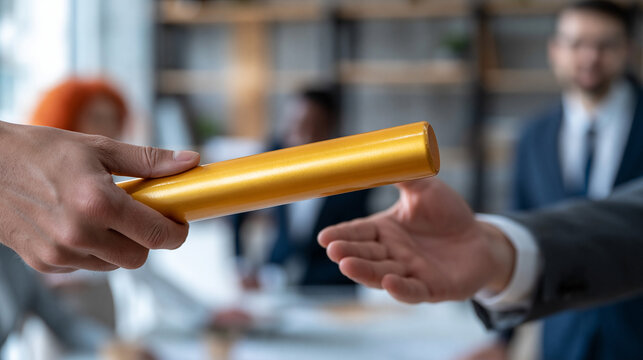 Passing the Baton: In a professional setting, one hand extends a golden baton to another, symbolizing transition, continuity, and shared responsibility within a team or organization.