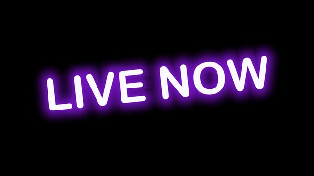 Glowing Purple Neon Indicator 'LIVE NOW' with Continuous Loop on Transparent Alpha Channel, Perfect for Streamers and Vloggers