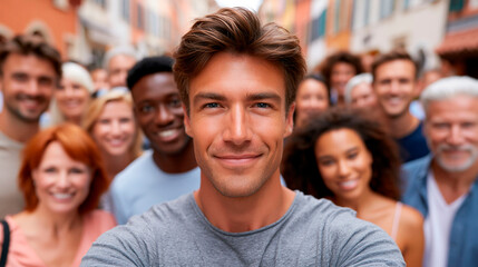 Obraz premium Smiling multicultural group taking a selfie on a city street, featuring confident young man in focus, showcasing diversity, community, friendship and positive social connection