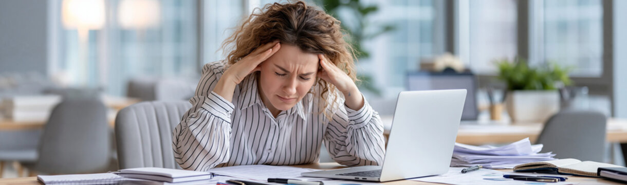 Overwhelmed Professional: A woman in a striped shirt sits at a desk in an office, hands pressed to her temples, clearly experiencing a headache or immense stress while looking at her laptop.