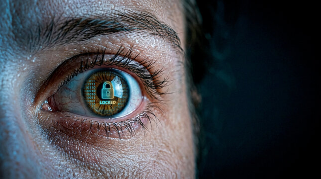 Cinematic extreme close up photo of human eye with padlock and binary data code reflection representing social media privacy and digital security concept