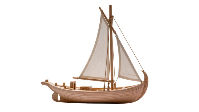 Wooden model sailboat with white sails and rigging