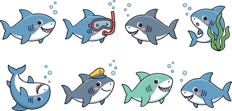 Cute shark vector cartoon character set featuring funny baby sharks swimming with snorkel mask captain hat and seaweed isolated on white background.