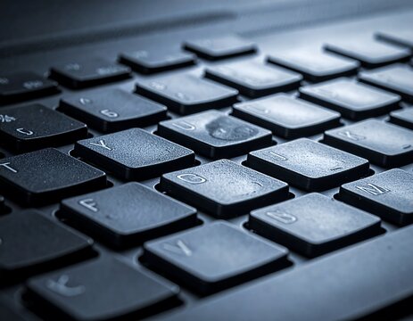 A close-up view of a keyboard's dark keys with white lettering