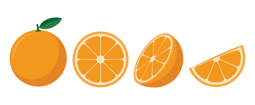 Orange Fruit Slices: A collection of vibrant orange fruit, showing a whole orange with a green leaf, a half orange, a quarter orange slice, and a wedge.