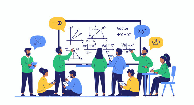 Collaborative team brainstorming with mathematical equations and visual diagrams