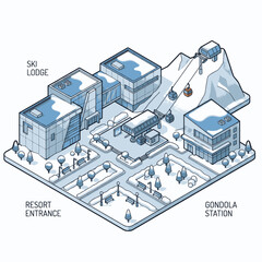 Isometric view of a modern ski resort with a ski lodge, gondola station, and resort entrance in a snowy landscape. © bi