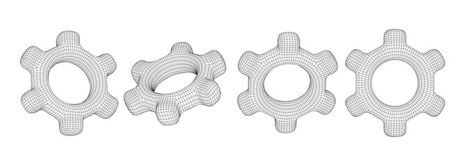 Set of Hexagonal Gear Shapes Rendered as Wireframe Technical Blueprints Showing Mechanical Precision and Geometric Symmetry with Circular Latticed Structures for Engineering and Industrial Design © Bright Design