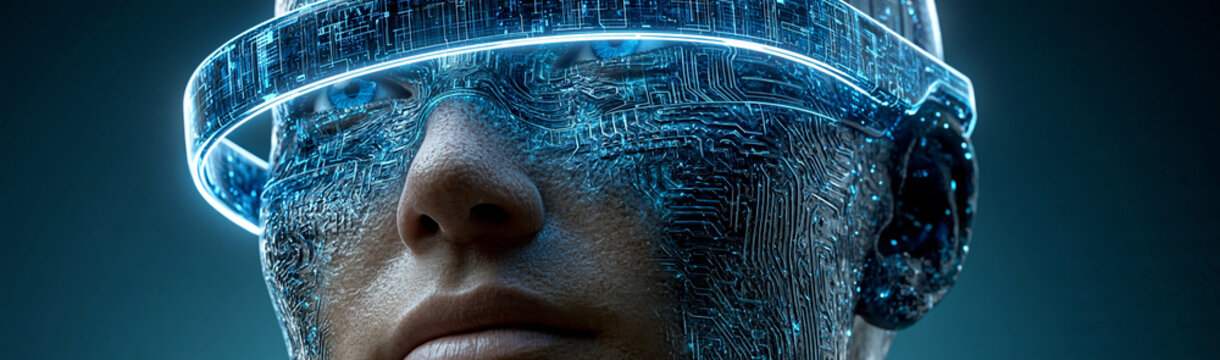 Cybernetic Vision: A close-up of a person's face adorned with advanced cybernetic implants, featuring glowing blue circuits integrated into their skin and a futuristic visor.