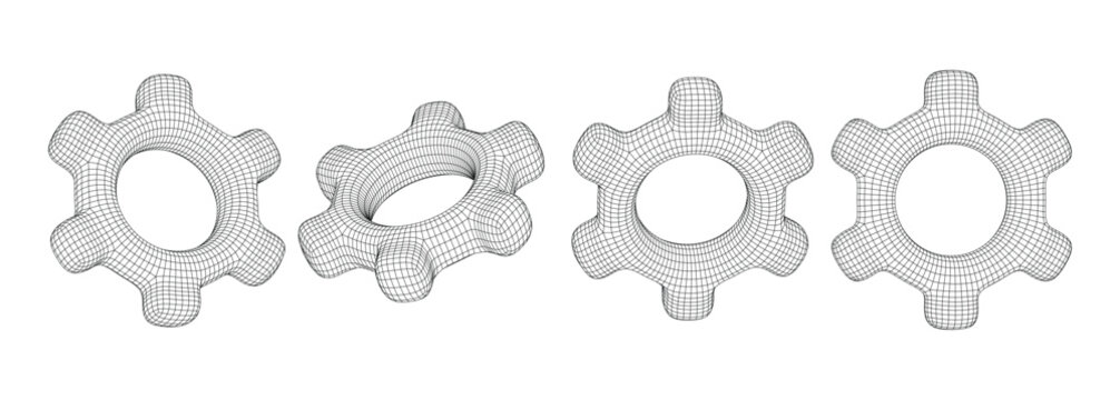 Set of Hexagonal Gear Shapes Rendered as Wireframe Technical Blueprints Showing Mechanical Precision and Geometric Symmetry with Circular Latticed Structures for Engineering and Industrial Design