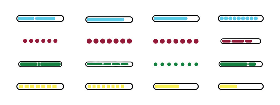 Progress Bars Collection: A vibrant collection of loading bars and progress indicators in various colors, representing different stages of completion and system status.