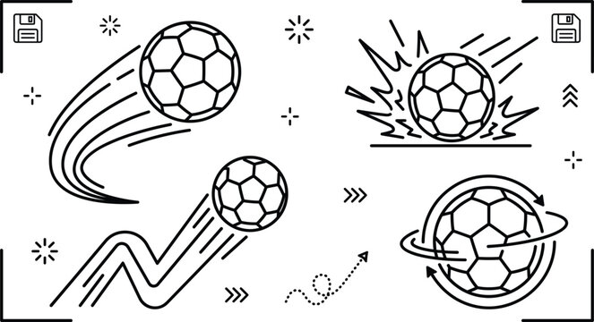 Soccer ball movement dynamic line icon set with fast flying ball spinning rotation bounce impact and goal trails