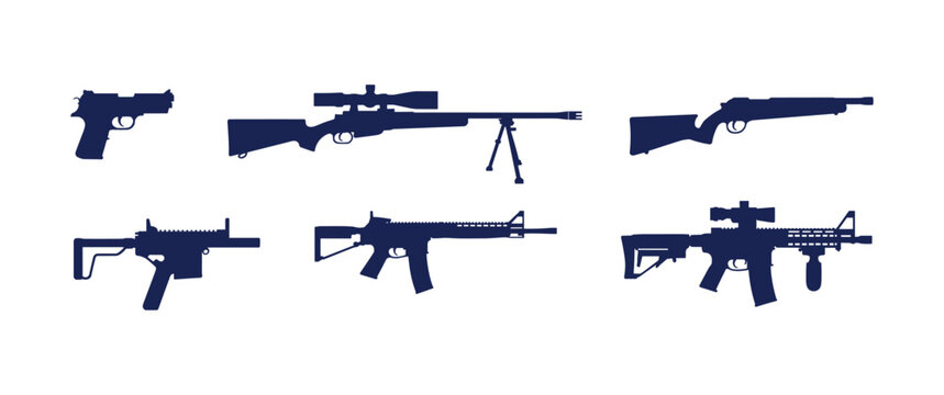 Assorted Firearm Silhouettes: A collection of stylized silhouettes depicts various types of firearms, including a pistol, sniper rifle, shotgun, submachine gun, and assault rifles.