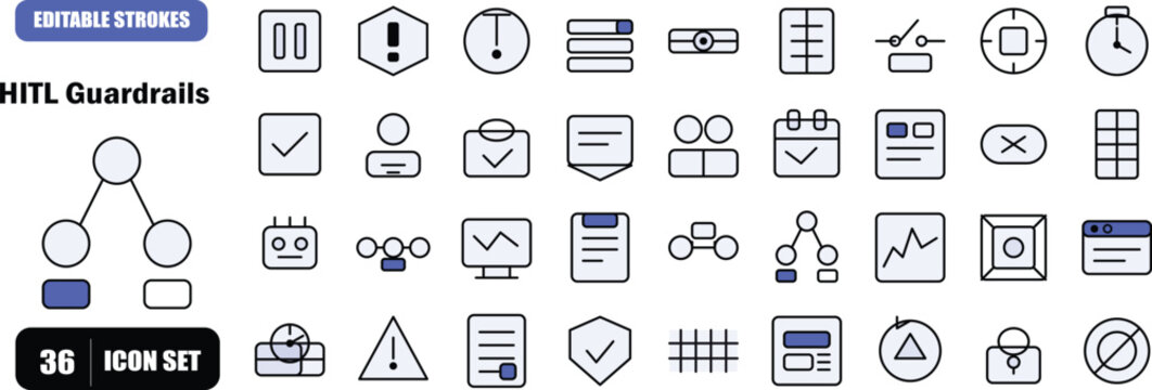 A premium flat outline icon set of 36 unique icons covering human-in-the-loop guardrails, asynchronous interruption hooks, AI agent monitoring, and approval workflow design. Ideal for AI safety dashbo