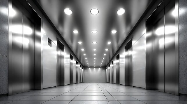 Modern elevator lobby with stainless steel doors featuring symmetrical perspective and bright ceiling spotlights reflecting on polished surfaces inside a corporate building