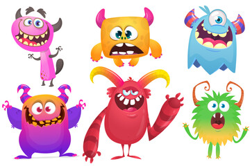 Fototapeta premium Happy cartoon monsters with different face expressions. Set of cartoon vector funny and scary monsters characters design isolated on white