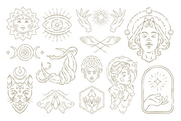 Naklejka premium A large collection of mystic symbols: sun, moon, eye, snake, cat, and goddess. A beautiful whimsical vector illustration for spiritual branding, tarot design or a magic logo