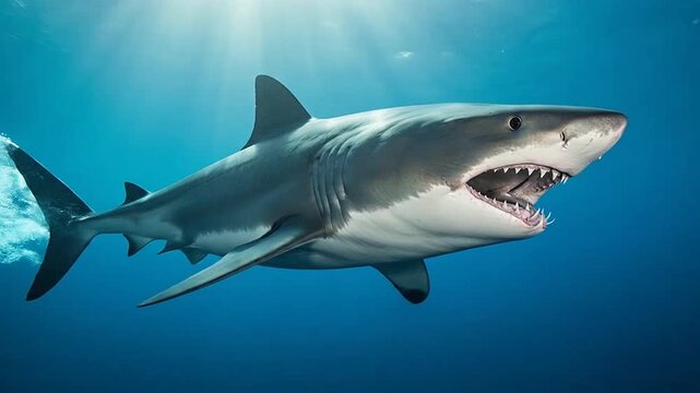 Great white shark swimming in deep blue ocean water.