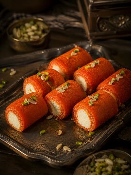 Carrot Sandesh Sweet Rolls with Chenna Filling and Pistachios