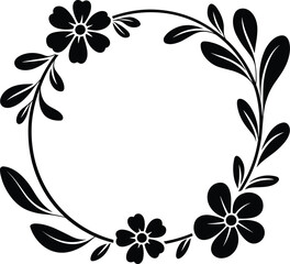 Obraz premium Elegant Circular Floral Wreath Silhouette Featuring Blooming Flowers and Botanical Leaf Sprigs for Wedding Invitation and Logo DesignsWeb