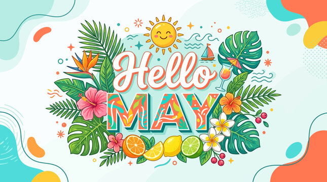 Hello May colorful floral graphic design.