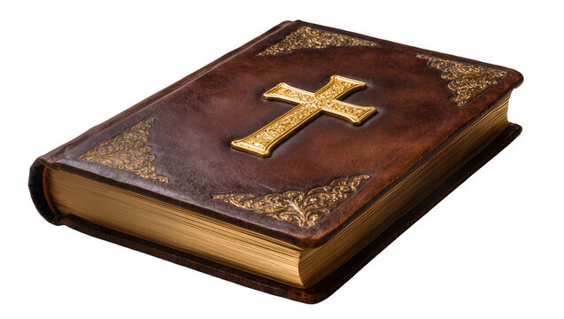 Antique leather bound book with gold cross and ornate details