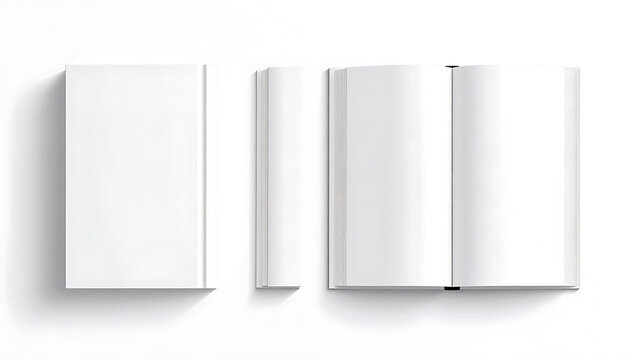 Blank white hardcover book, open and closed, with clean pages and soft shadow, mock-up for design template