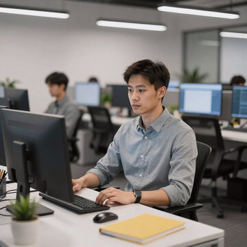 Sci-Fi Blurry Group Of People. Modern Office Interior With Blurred Background For Corporate Or Call Center Setting