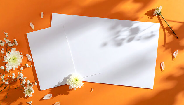 Blank white paper sheets on vibrant orange background with delicate white flowers and dappled sunlight, copy space for text