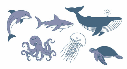 Fototapeta premium Marine life collection dolphin shark whale octopus jellyfish sea turtle illustration