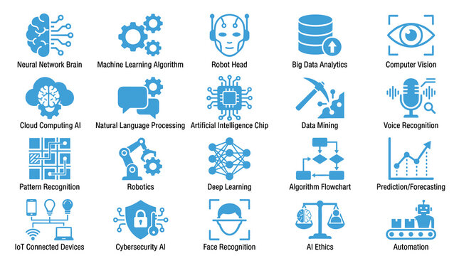 Blue Artificial Intelligence and Machine Learning Technology Icon Set