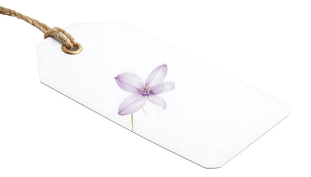 Blank white tag with a delicate purple flower illustration, hanging by a jute string, isolated on white background, for labeling and design