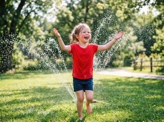 Obraz premium Kid splashing in outdoor kids Public shower. Happy kid playing in water fountains. Kid having fun with fountain during summer time. Hot summer day with kids