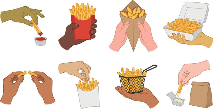 French fries vector icon set featuring human hands holding potato wedges boxes dipping fries in ketchup sauce basket and takeaway bags isolated on white background.
