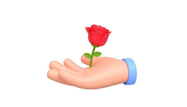 3D cartoon hand gently offering a single red rose with green stem and leaves, isolated on white, symbol of love and romance
