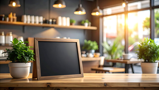 Blank wooden chalkboard sign on a table in a cafe, with plants and sunlit background, ready for custom text