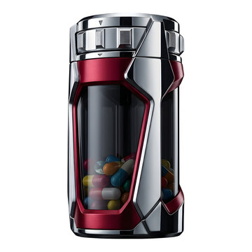 Colorful Pills or Capsules in a Red and Silver Cylindrical Container for Health and Medical Concepts isolated on transparent background