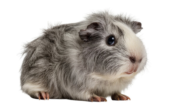 Fluffy grey and white guinea pig with dark eyes