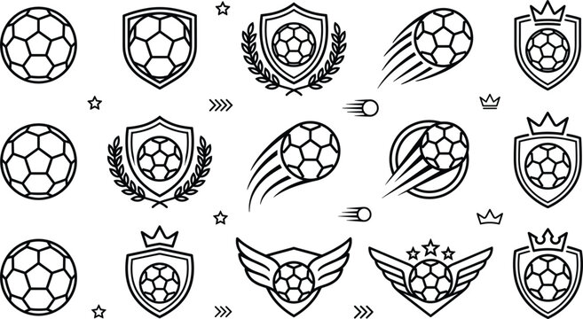 Soccer ball logo crest and emblem line icon set with shield laurel wreath crown wings and flying footballs